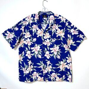 VTG ROYAL CREATIONS Floral Orchids Blue Hawaiian Button Down Shirt Size XXL